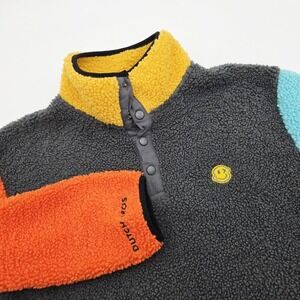 Dutch Bros Coffee Sherpa Fleece Sz XS Pullover Color Block Sweater Blue Orange